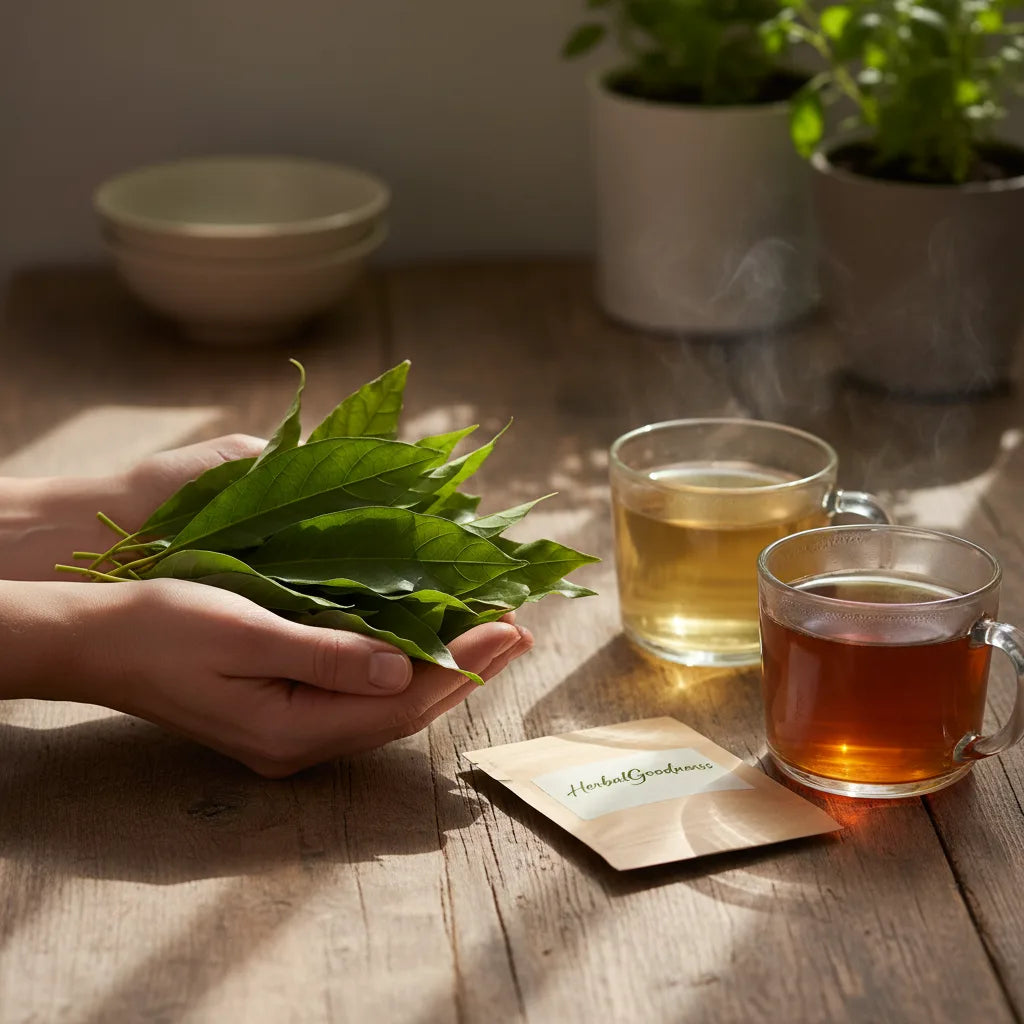 Hands holding avocado leaves, tea varieties displayed