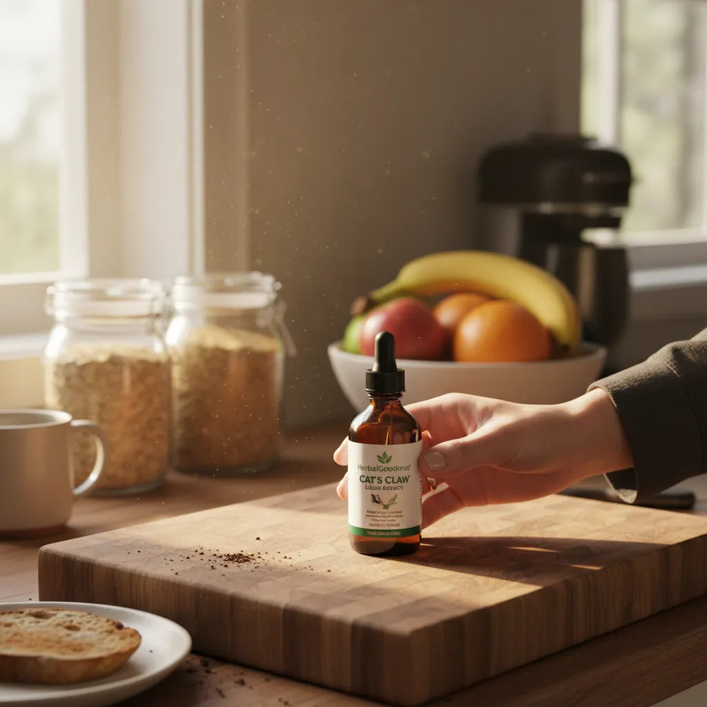 Reaching for cat’s claw extract bottle