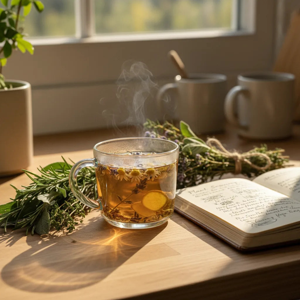 Herbal tea and botanicals in sunlight