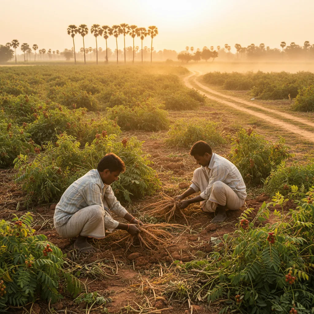 Ashwagandha harvest in rural Indian field