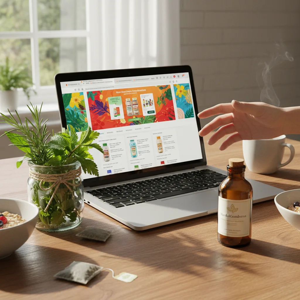 Choosing herbal detox from laptop and apothecary