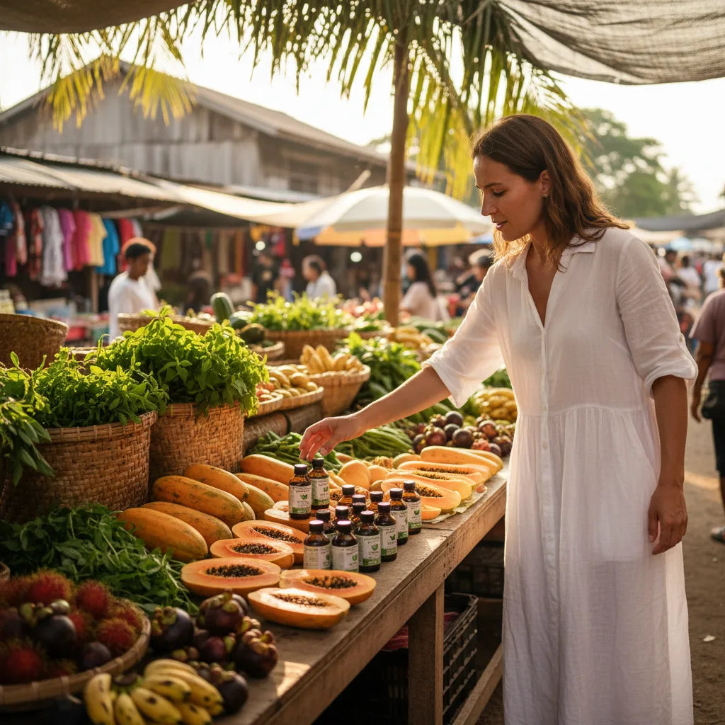 woman shopping papaya extract at market