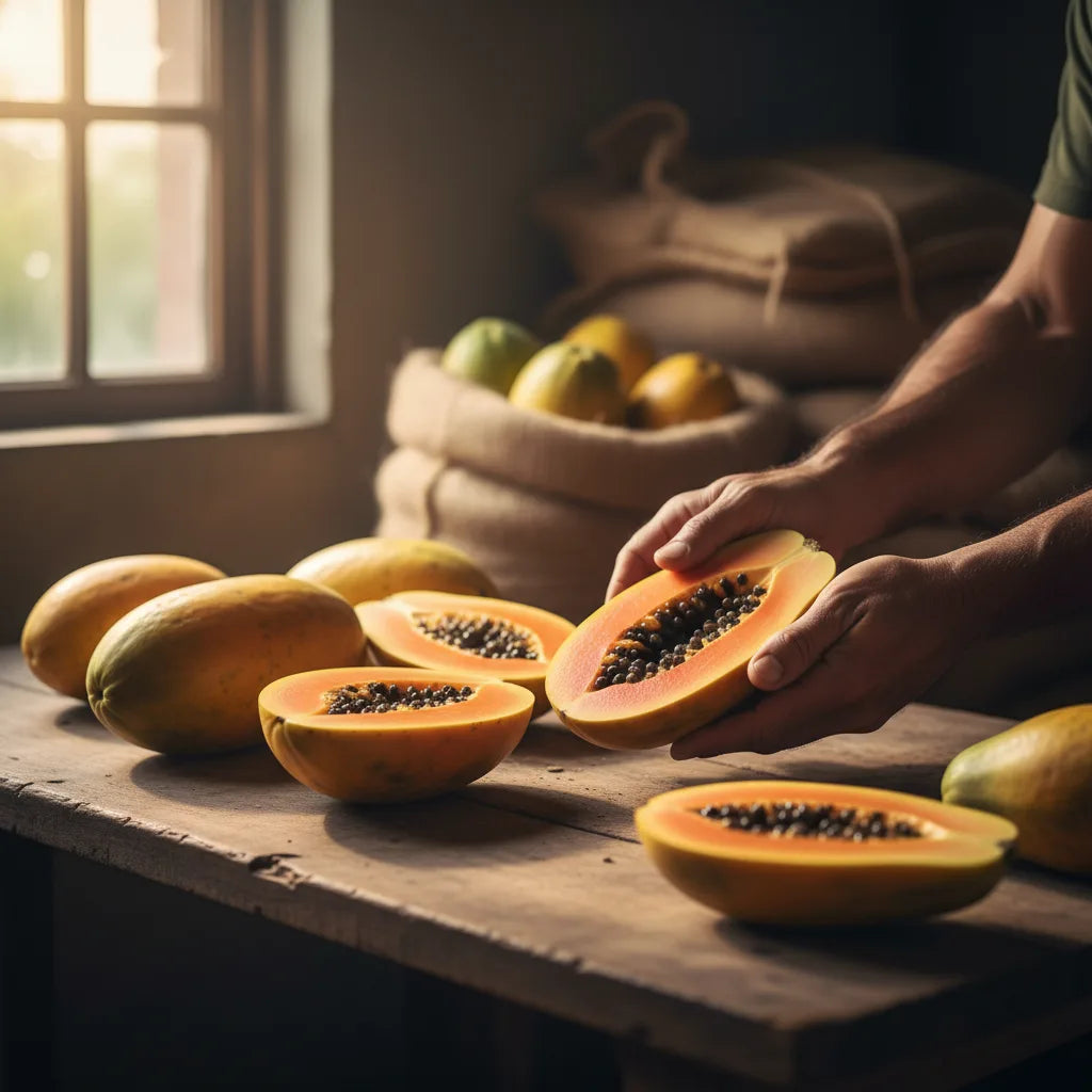 Supplier inspecting ripe papaya for quality