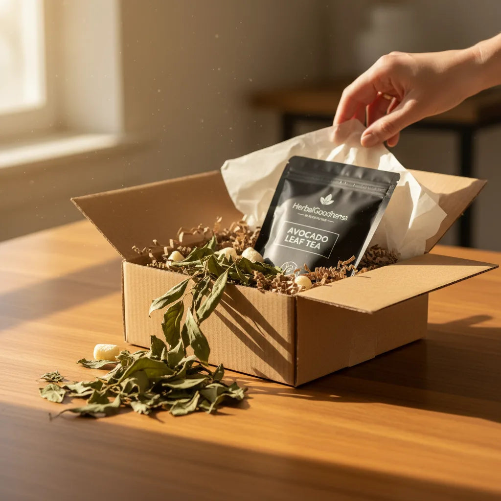 Avocado leaf tea parcel being opened