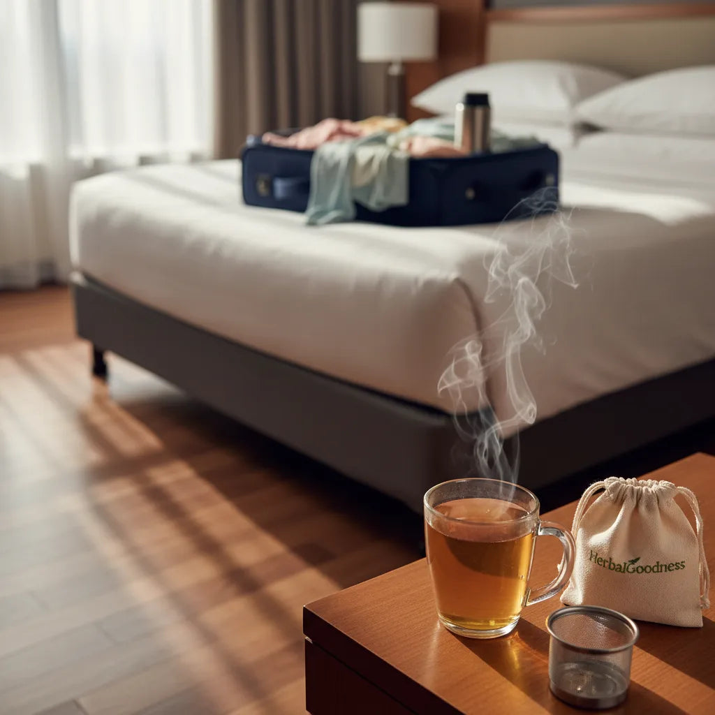 Papaya leaf tea in travel hotel room