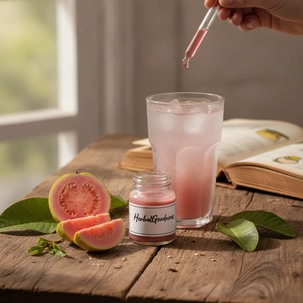 Guava extract and fruit blend on table