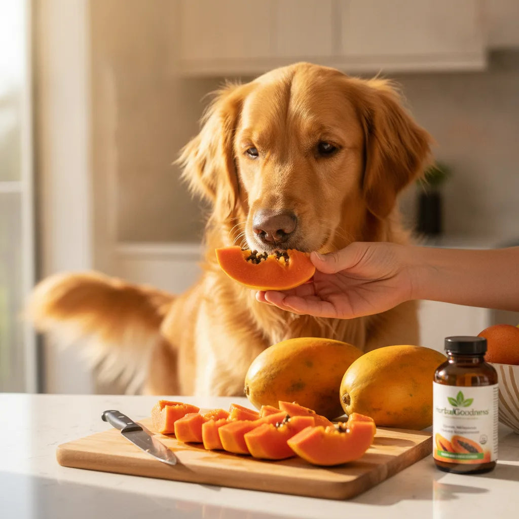 Dog explores freshly sliced papaya in kitchen
