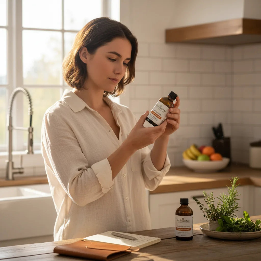 Person comparing two herbal extract bottles