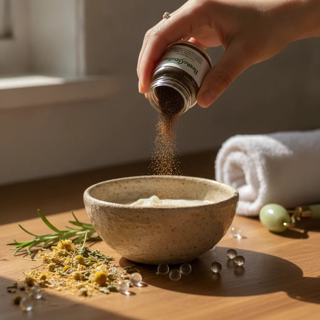 Hand pours papaya seed powder into bowl