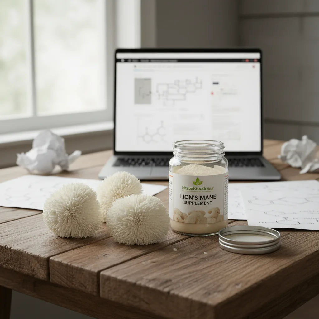 Lion’s mane mushrooms beside supplement and laptop