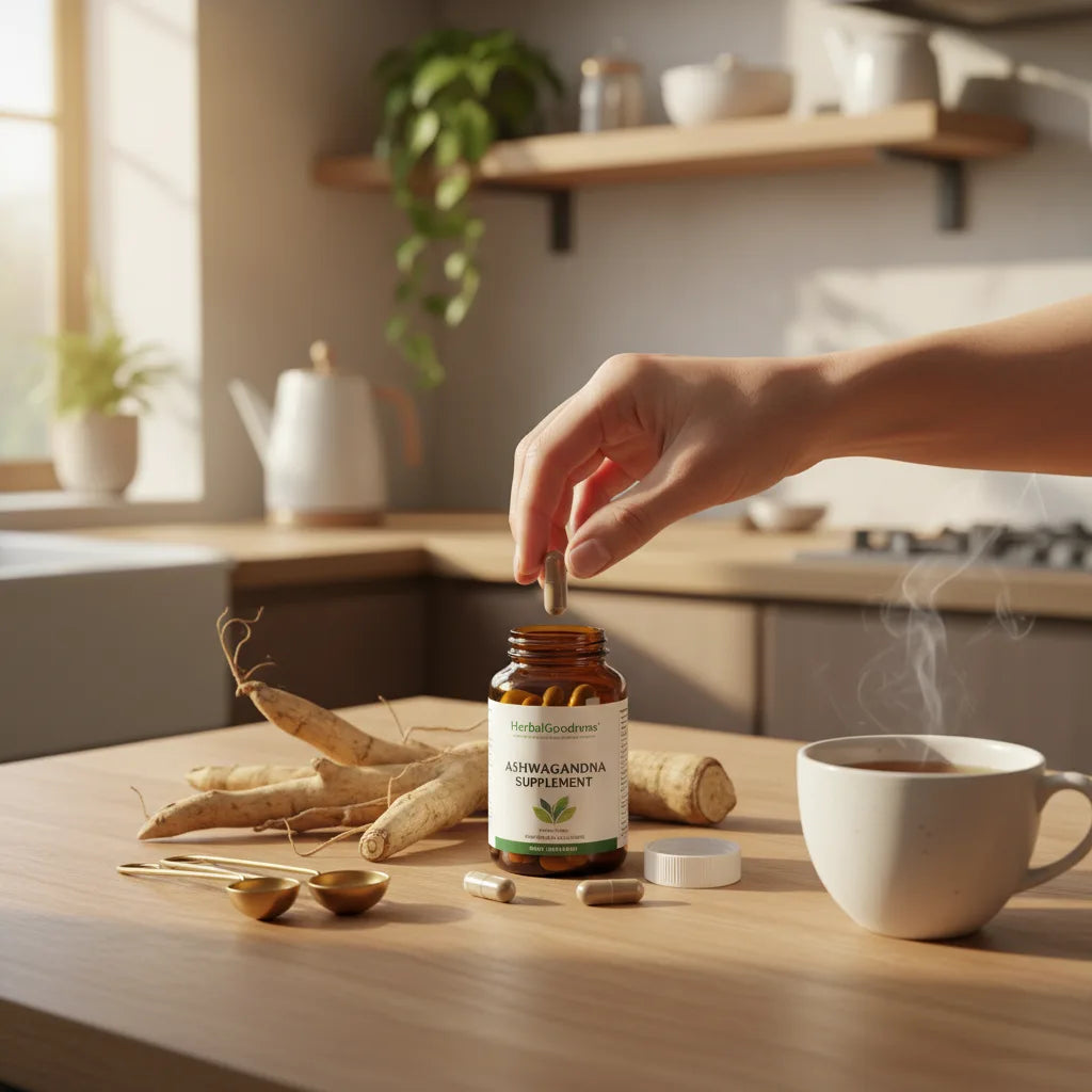Choosing Ashwagandha capsules in natural kitchen scene