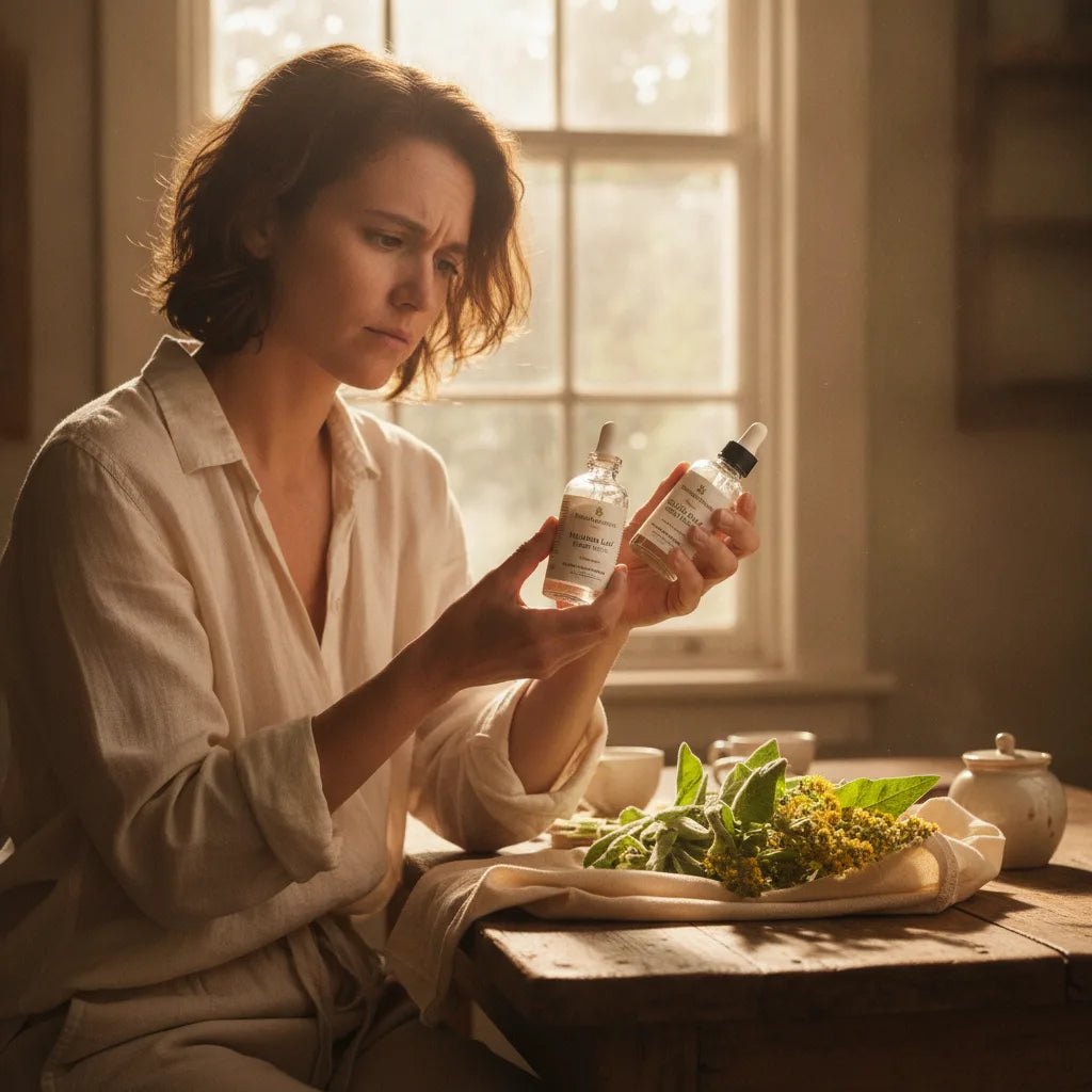 Comparing mullein extracts at sunlit table