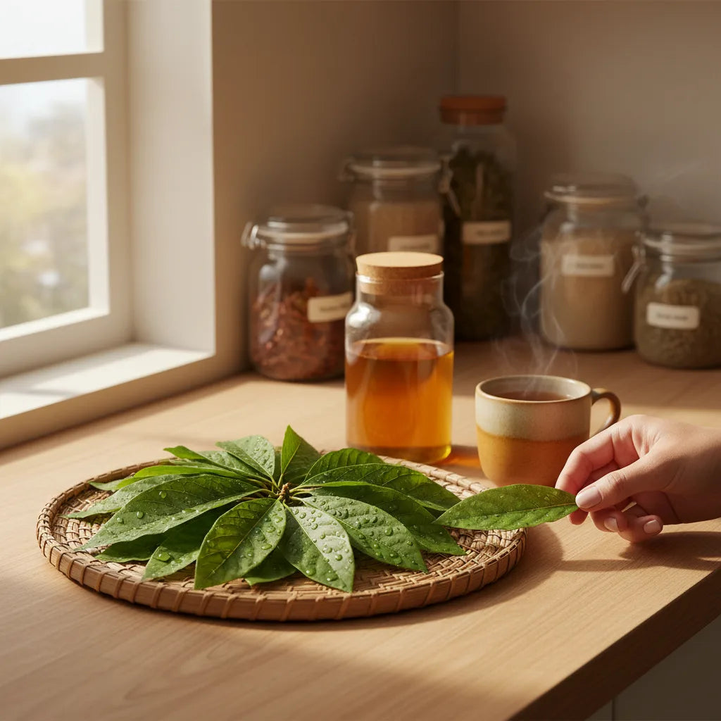 Hand preparing avocado leaf extract at home