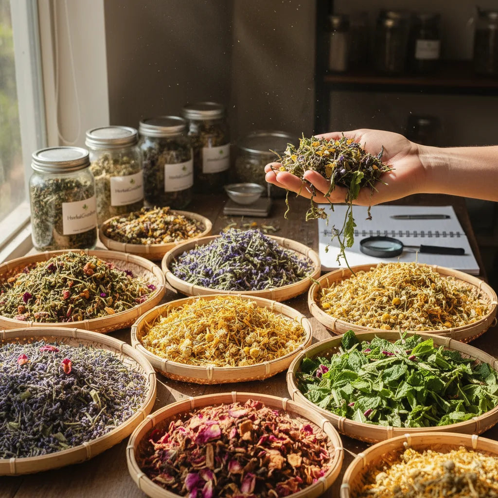 Herbal teas sorted by grade in sunlight