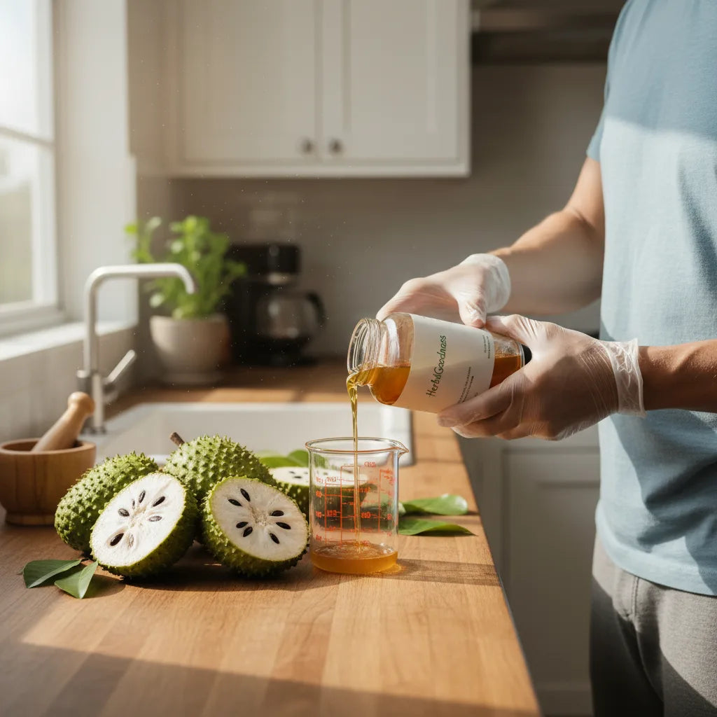 Homemade soursop extract making in kitchen