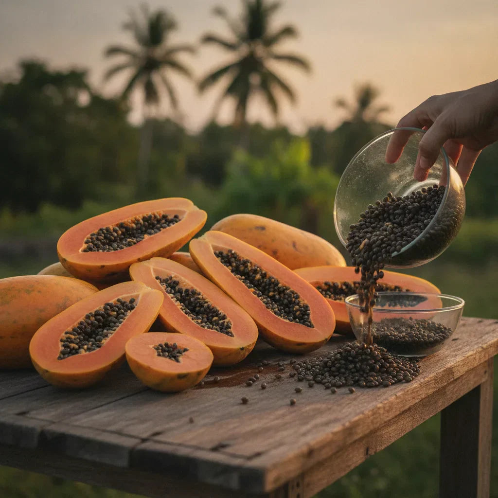 Papaya varieties and seeds in sunlight