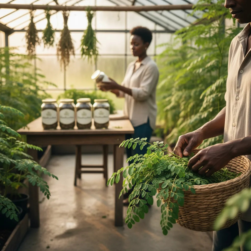 Fresh moringa leaves harvested in greenhouse