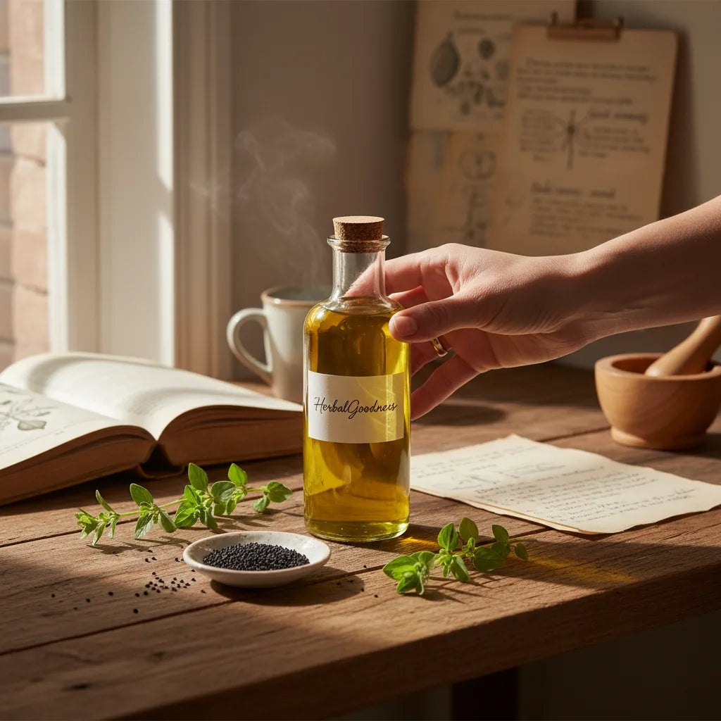 Hand reaching for herbal oil bottle