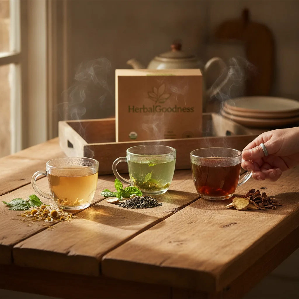 Three herbal teas, different colors, natural kitchen