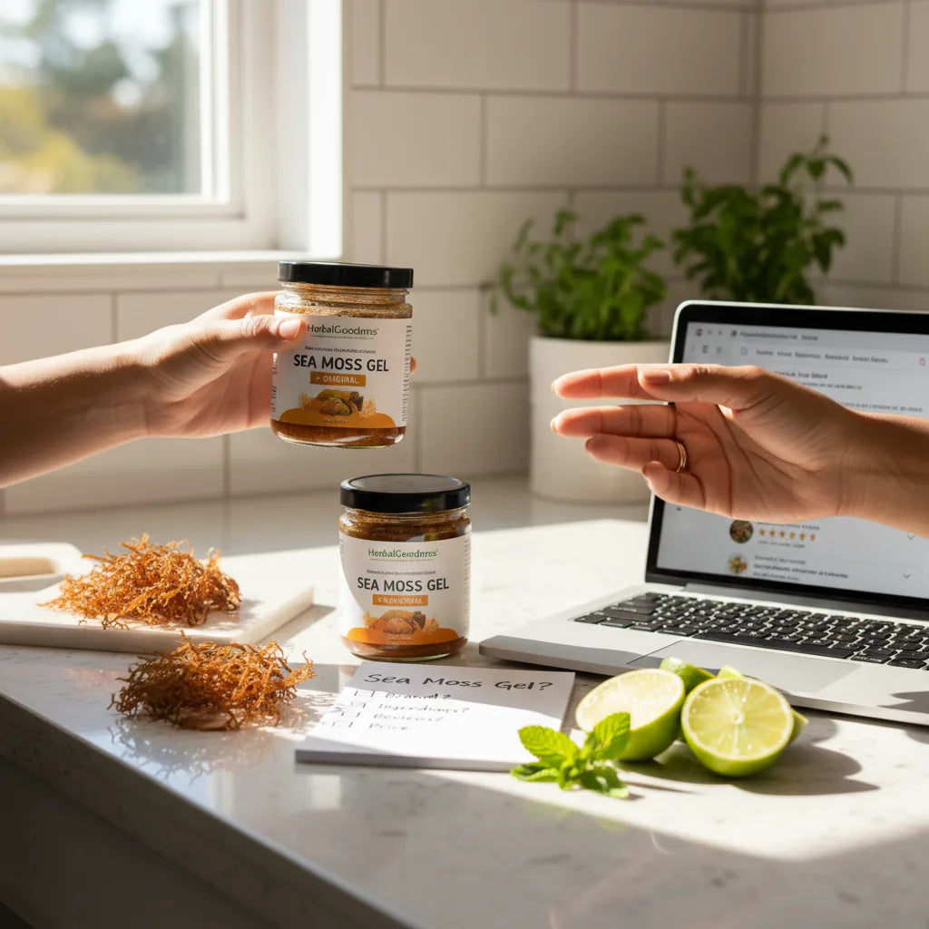Two people comparing sea moss gel choices