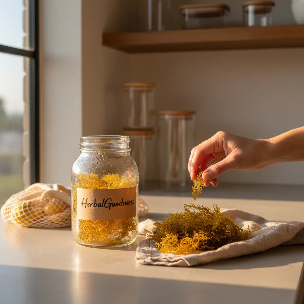 Hand reaches for fresh sea moss jar