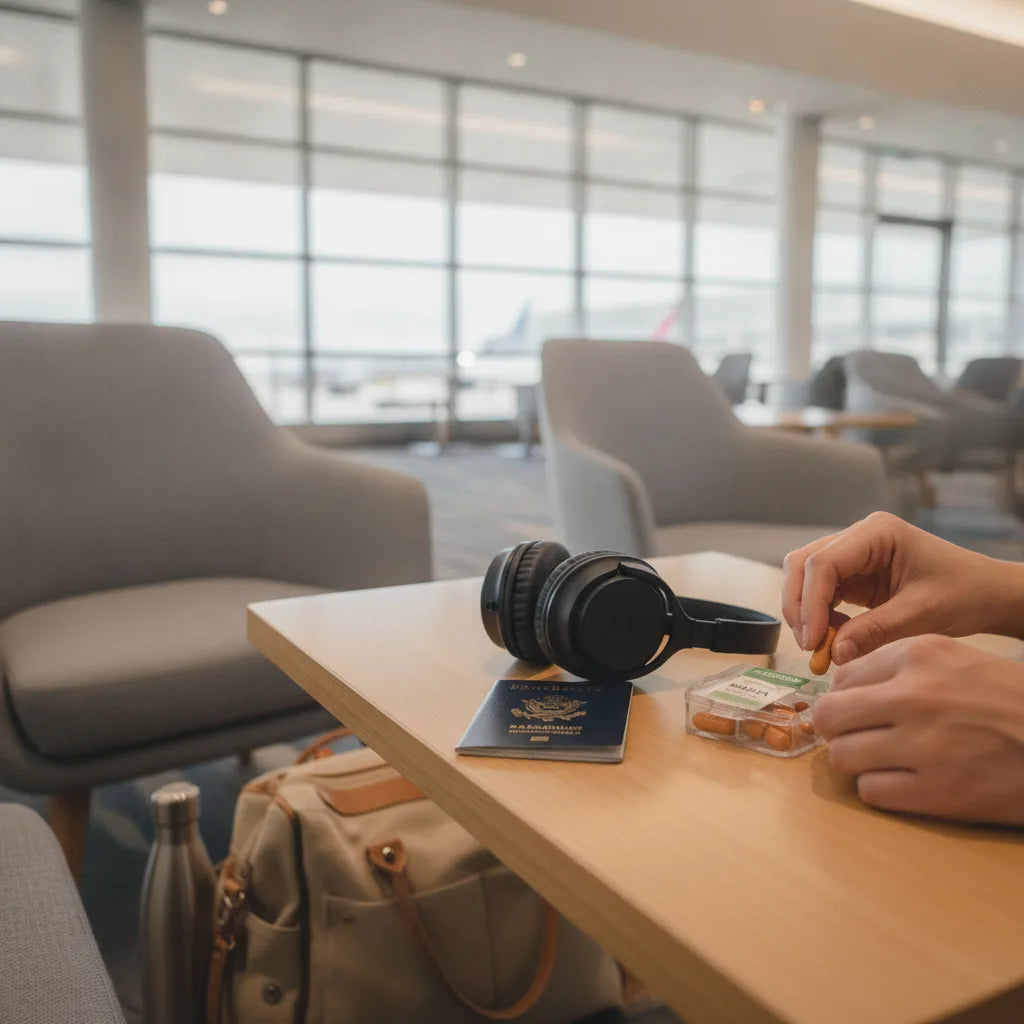 Traveler organizing papaya capsules in lounge