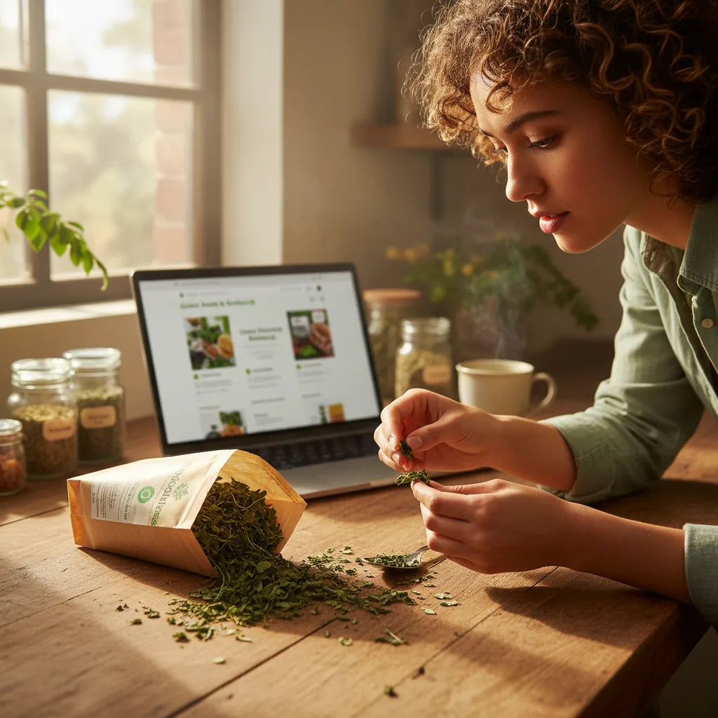 Person inspects pure moringa near laptop