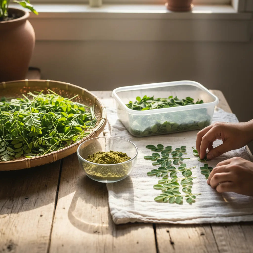 Hands preparing fresh moringa leaves for drying