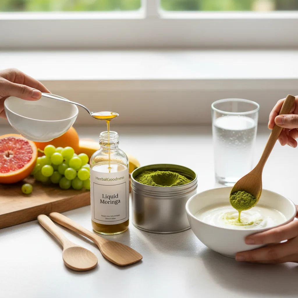 Moringa liquid and powder in daily use