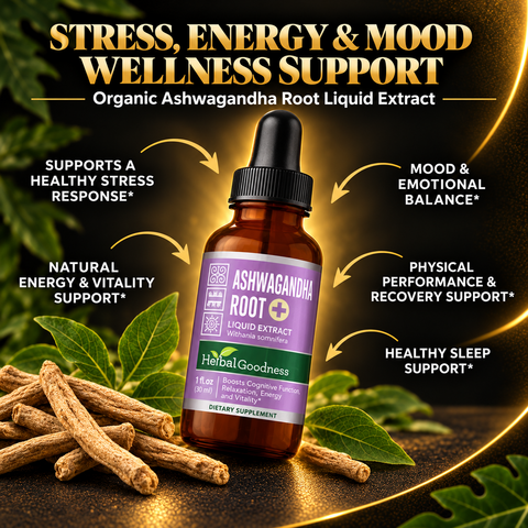 A purple-labeled amber glass bottle of herbalgoodness ashwagandha root liquid extract with black dropper cap