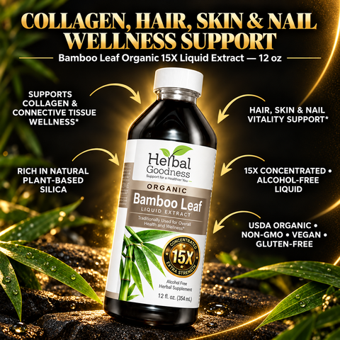 A dark amber glass bottle of herbal goodness bamboo leaf extract liquid with a white cap and label