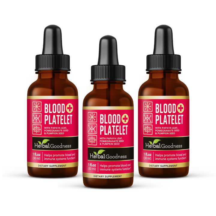Three amber glass dropper bottles with red labels from herbal goodness blood support platelet production with papaya leaf extract
