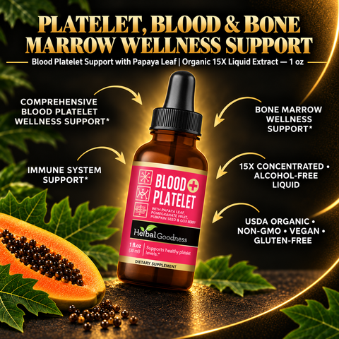 A brown glass bottle with black dropper and pink label of blood platelet support with papaya leaf for platelet production
