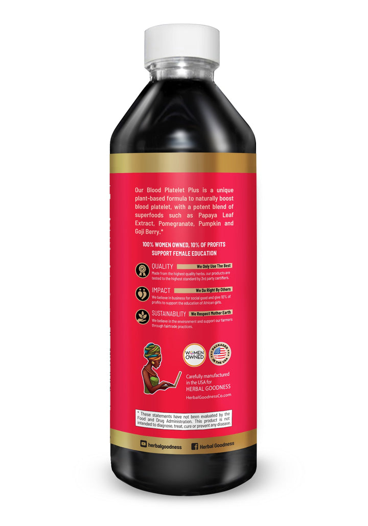 A dark amber glass bottle with white cap and red label features organic papaya leaf herbal goodness blood formula for platelet production