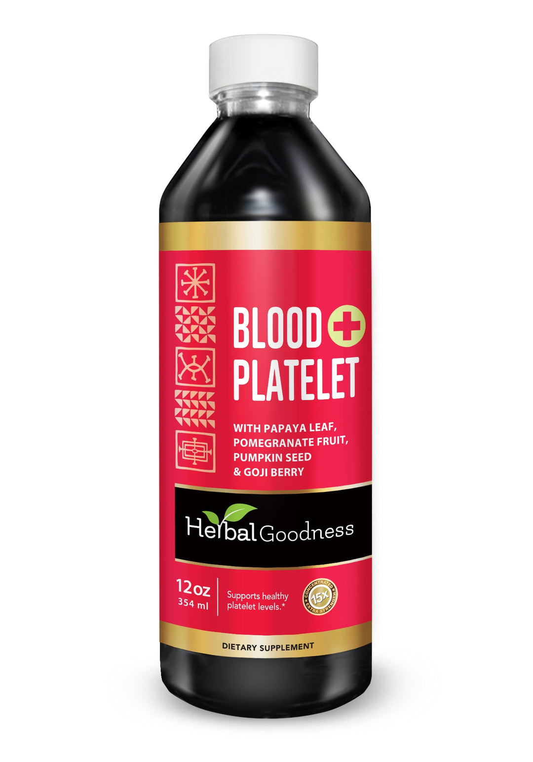 A sleek black bottle with a white cap and red label with gold accents labeled blood platelet by herbal goodness for platelet production with papaya leaf