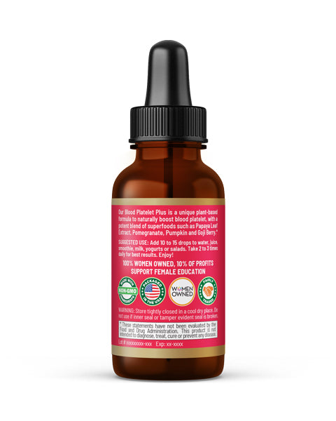 Brown glass bottle with black dropper cap and pink papaya leaf label for herbal goodness blood platelet production