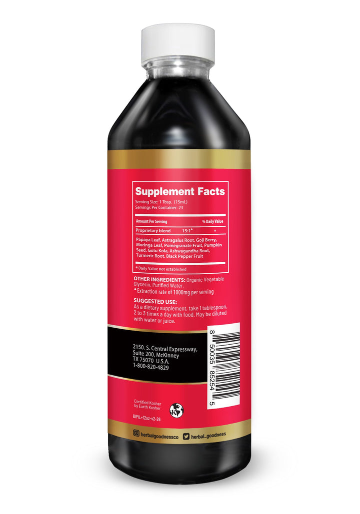 A dark bottle with white cap and red gold label showing supplement facts for herbal goodness blood with papaya leaf