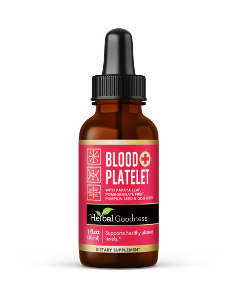 A brown glass bottle with black dropper and pink herbal goodness blood label for papaya leaf platelet production supplement
