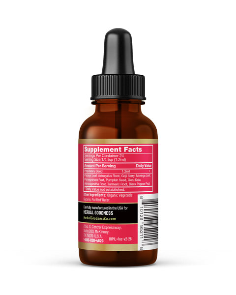 Brown glass dropper bottle with black cap and pink label showing supplement facts for herbal goodness blood with papaya leaf and platelet production benefits