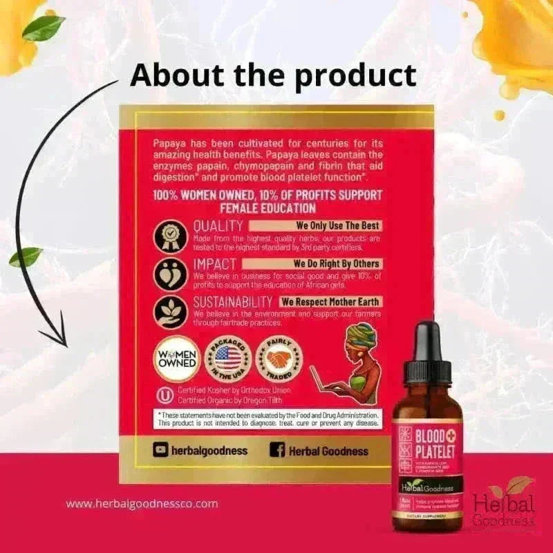 Blood Platelet with Papaya Leaf - Organic 1oz 15X Liquid Extract - Platelet & Bone Marrow Liquid Extract Herbal Goodness 