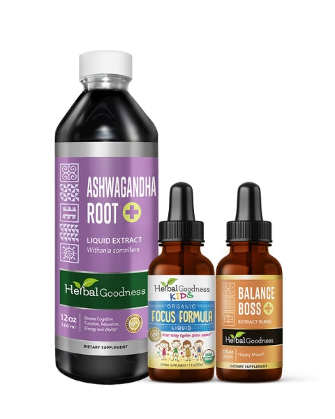 A set of three herbalgoodness liquid extract bottles including a large dark glass memory and cognition supplement plus two amber liquid focus formula dropper bottles