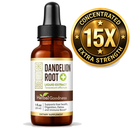 Amber glass bottle with black dropper cap and white label featuring dandelion root liquid extract by herbalgoodness dandelion root