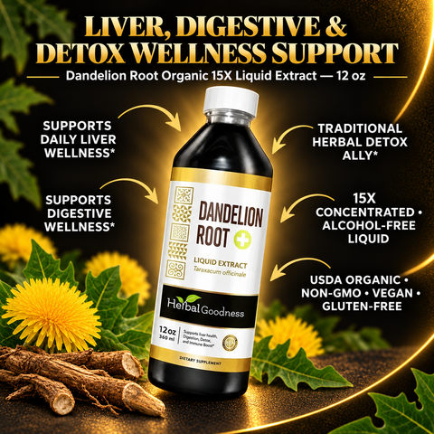 A dark amber glass bottle with white cap and gold label of herbalgoodness dandelion root liquid extract