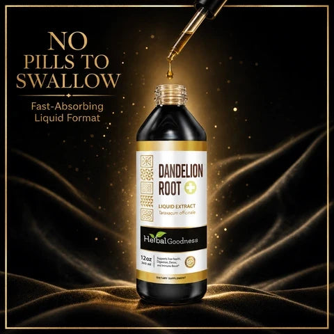 A sleek black bottle of herbalgoodness organic dandelion root liquid extract with a gold cap and dropper for liver detox
