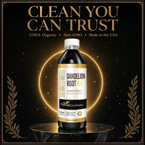 A sleek black bottle with a white cap and gold accents labeled dandelion root liquid extract by herbalgoodness for liver detox