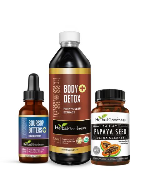 Brown glass bottle with white cap labeled body plus detox papaya seed extract by herbalgoodness in deep cleanse bundle