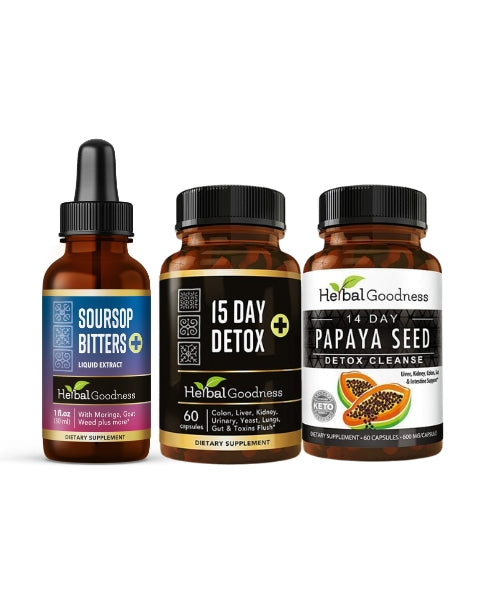 Brown glass bottle with white cap labeled body plus detox papaya seed extract by herbalgoodness in deep cleanse bundle
