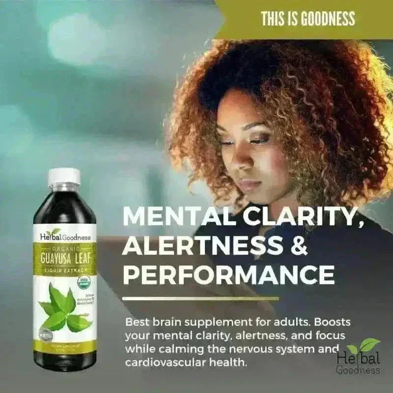A dark glass bottle with a white cap and herbal goodness label containing organic guayusa leaf liquid extract for natural energy stack bundle