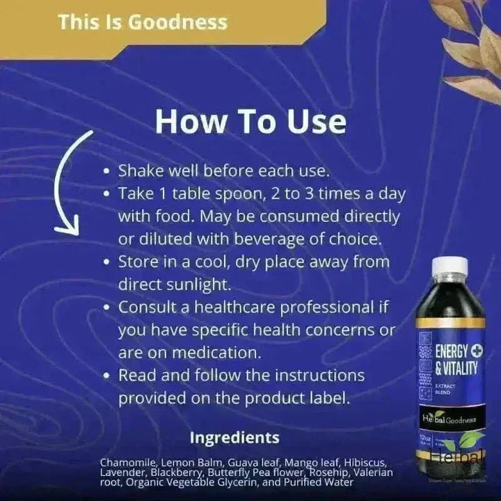 A dark blue bottle with a white cap and gold accents labeled energy and vitality extract blend by herbal goodness in a natural energy stack bundle for plant-powered energy without crashes