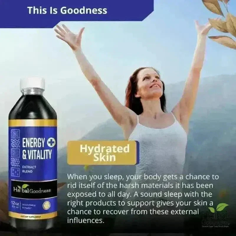 A 12 oz dark liquid bottle with blue and gold energy and vitality extract blend label for natural energy stack bundle